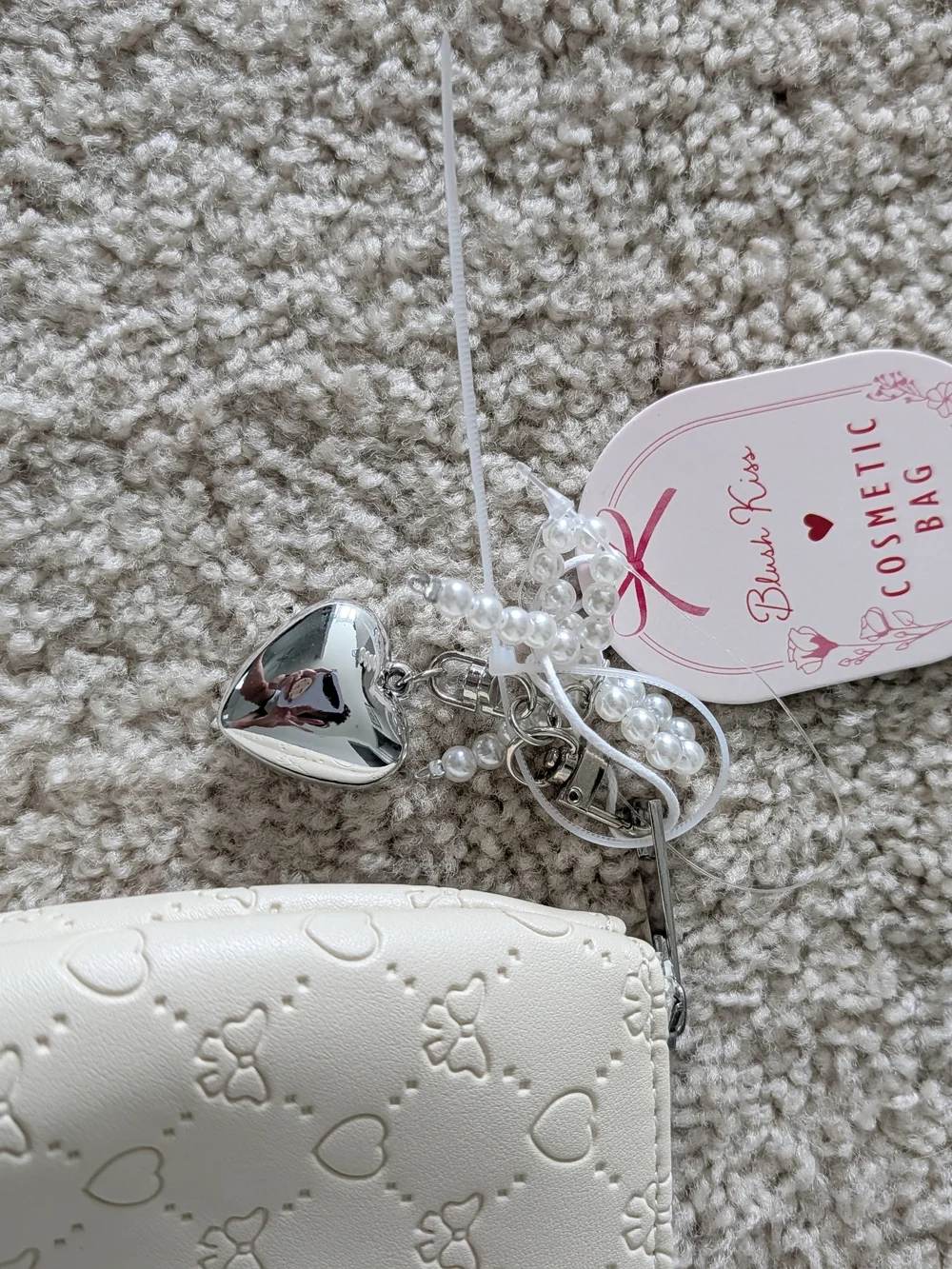 Cosmetic Bag- Cream Heart Embossed Design